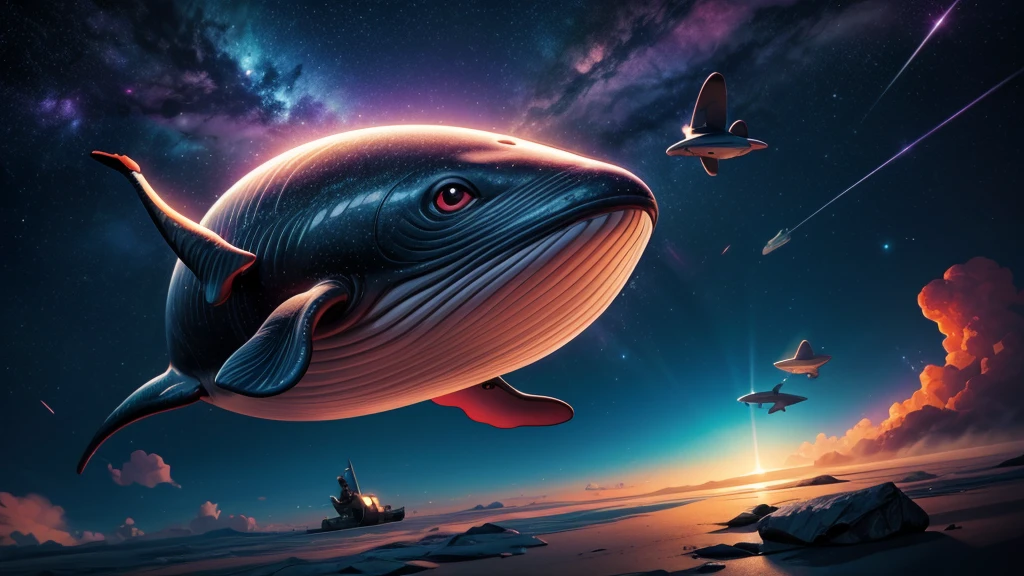 a whale flying through space, girl riding on whale's back, dramatic cinematic lighting, vibrant colors, masterpiece, 8k, photorealistic, digital painting, ultra-detailed, sharp focus, physically-based rendering, vivid colors, professional