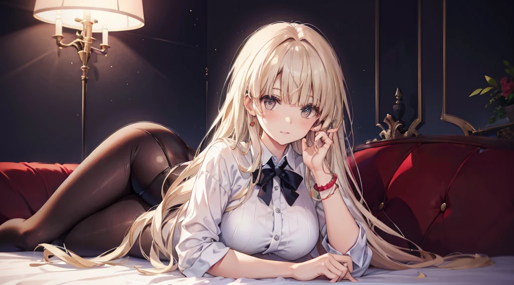 Highest quality, masterpiece, figure, wallpaper,One girl,White shirt, Light Hair, Beautiful detailed girl, Highly detailed eyes and face, Beautiful attention to detail, Shine,Browsing Caution, View your viewers, bed, night, Black Pantyhose, Straight hair, Red Eyes, long hair,Blonde, thick_Thighs, Large Breasts, Red eyes,Sitting,beautiful finger, clear background, deep night, Lying down、smile、Big earrings、bracelet