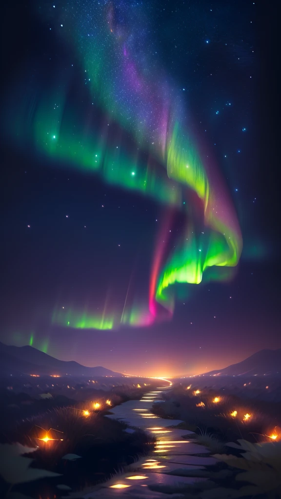((masterpiece))、((Highest quality))、((Realistic feel))、((landscape))、((A starry path leading to the starry sky:1.6))、Tilt Up、パステルトーンで染まったlandscape、Pitch Black、landscapeが揺れる、My mind wanderoonlight shines、Immersion、Cool blue shade、1By people、The sky is high、Aurora Color Spectrum、Scheimpflug、Dim and dim、High Contrast、Super beautiful graphics
