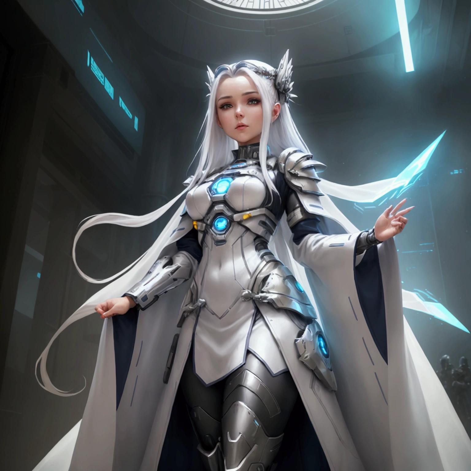 there is a woman in a white dress standing in front of a TV, dressing netrunner clothing, dressed in ethereal battle armor, dressing! robes!! of silver, warrior outfit, oblivion armor, dressed like an oracle, Fantasy Clothing, dystopian scifi outfit, dressed in ethereal armor, dressing imperial gear, cyborg merchant woman, chrome outfit