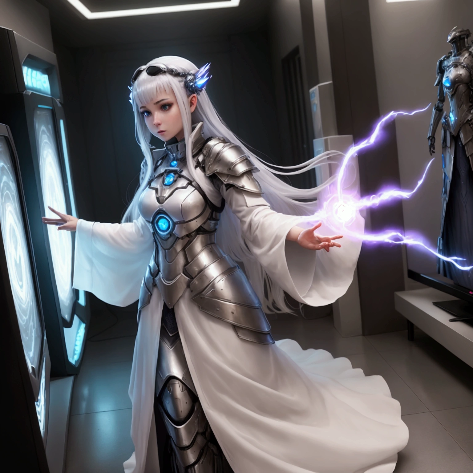 there is a woman in a white dress standing in front of a TV, dressing netrunner clothing, dressed in ethereal battle armor, dressing! robes!! of silver, warrior outfit, oblivion armor, dressed like an oracle, Fantasy Clothing, dystopian scifi outfit, dressed in ethereal armor, dressing imperial gear, cyborg merchant woman, chrome outfit