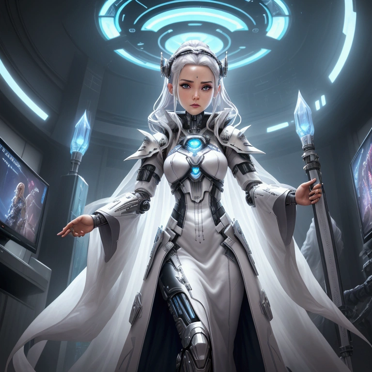there is a woman in a white dress standing in front of a TV, dressing netrunner clothing, dressed in ethereal battle armor, dressing! robes!! of silver, warrior outfit, oblivion armor, dressed like an oracle, Fantasy Clothing, dystopian scifi outfit, dressed in ethereal armor, dressing imperial gear, cyborg merchant woman, chrome outfit