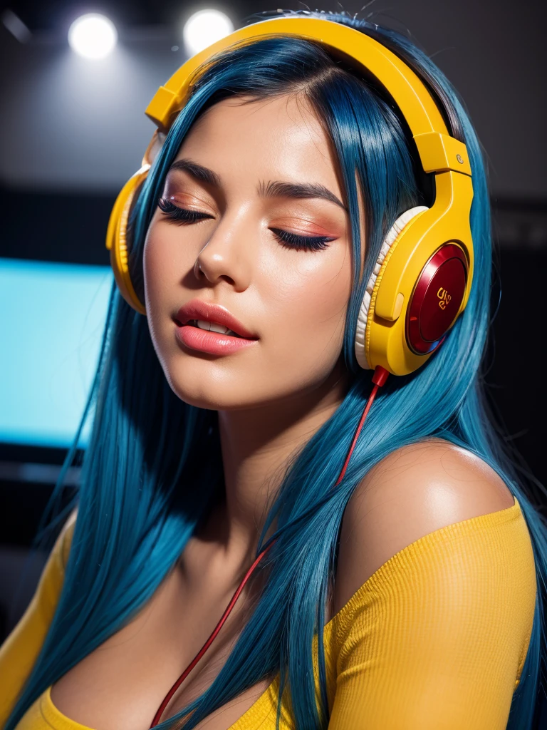 Close-up of a beautiful girl with eyes closed in satisfaction very long eyelashes with thick parted lips bright blue hair big breasts wearing a tight top, He is listening to music with his headphones, on a stage of very bright red and yellow LED lights with blur, very perfect and detailed high resolution image