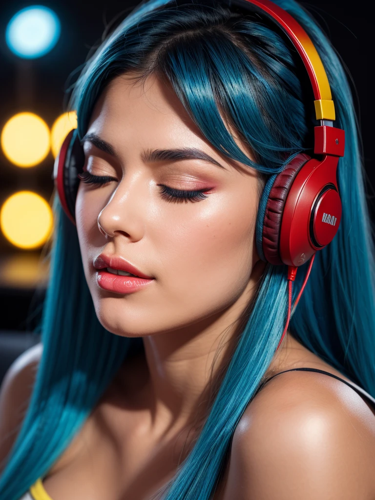 Close-up of a beautiful girl with eyes closed in satisfaction very long eyelashes with thick parted lips bright blue hair big breasts wearing a tight top, He is listening to music with his headphones, on a stage of very bright red and yellow LED lights with blur, very perfect and detailed high resolution image