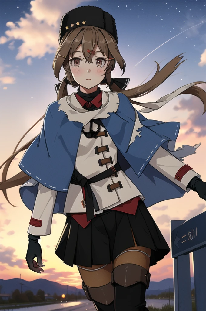 Tashkent \(Kantai Collection\), One girl, alone, skirt, fur Have, Papaka, Twin tails, Have, white Jacket, white scarf, black bow, thigh boots, black skirt, pantyhose, Jacket, scarf, Black Hat, boots, anchor necklace, fingerless gloves, gloves, shawl, red shirt, black gloves,  shirt, Black footwear, blue shawl, Knee socks, bow, star \(symbol\), Hair Clip, torn scarf, black belt, null, jewelry, untucked shirt, belt, necklace, Long sleeve, pleated skirt, Ribbon trim, anchor, blush, cloud, View your viewers, star \(null\), Outdoor, brown pantyhose, gradient null, Cowboy Shot, original, Intricate details, figure, masterpiece, Highly detailed CG Unity 8k wallpaper, highlight, whet, dynamic,