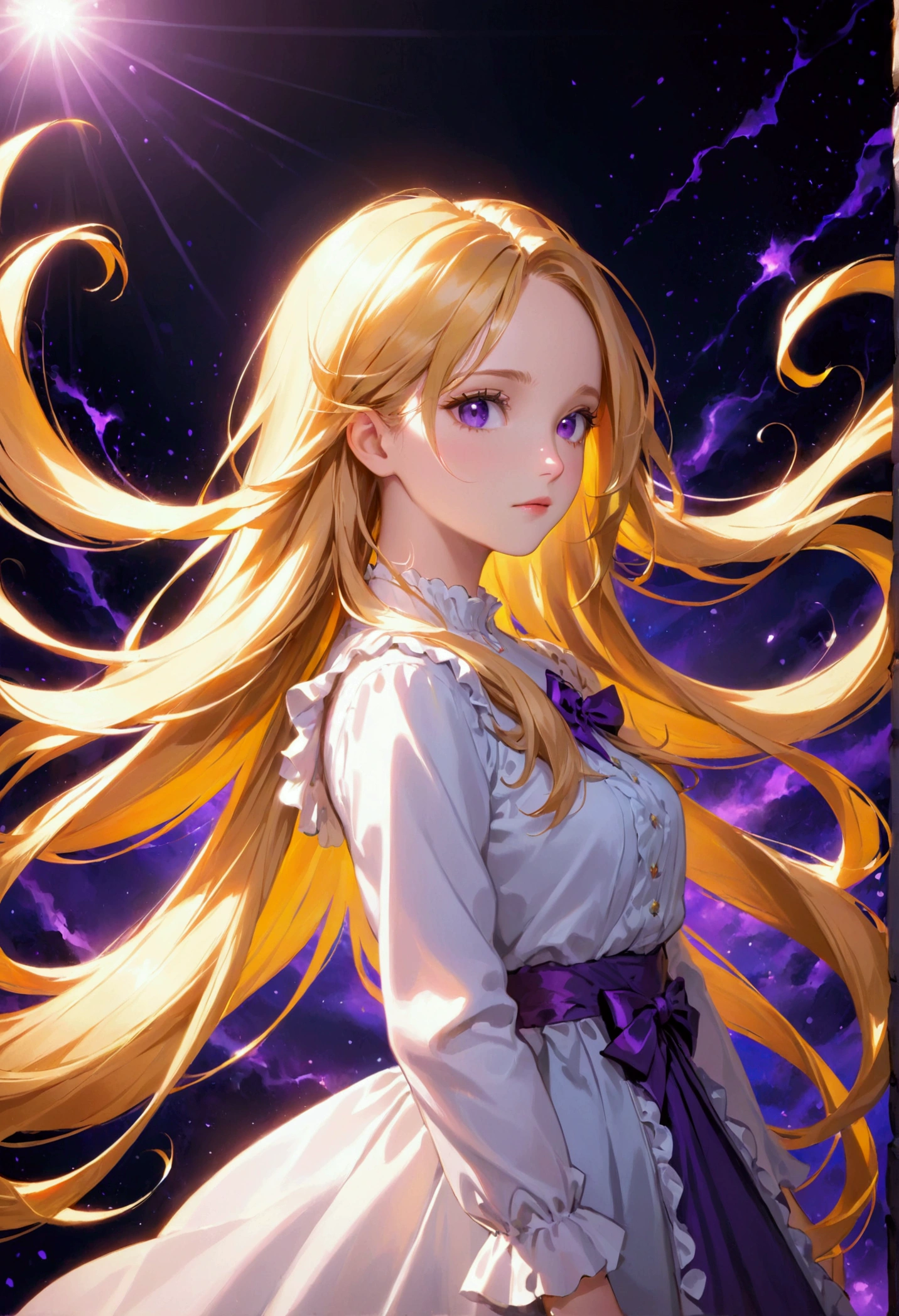 Adult female,Long golden hair, purple eyes