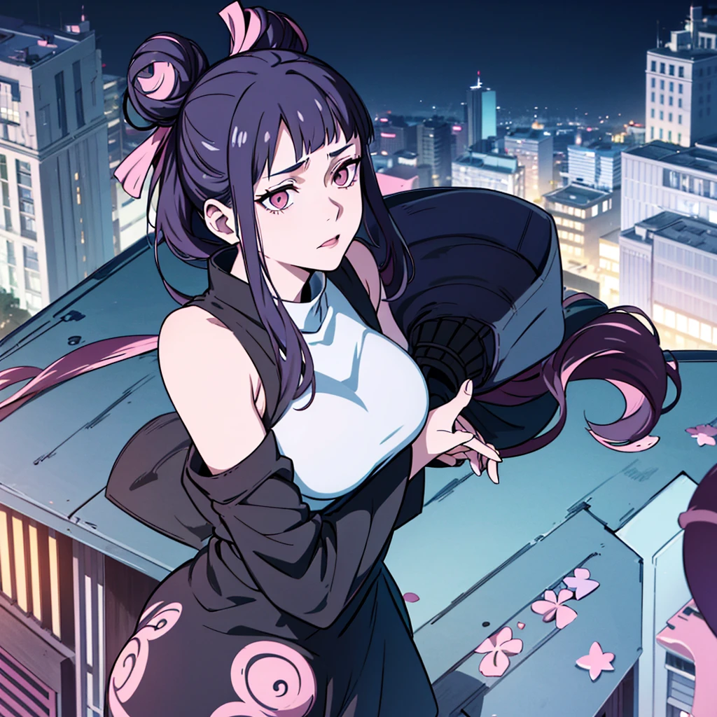 Jujutsu Kaisen panel: A white girl, white eyes without pupils, thin almond-shaped eyes, long black hair, bardot bangs, high bun, dark blue Jujutsu Kaisen uniform, pink lower lip, on top of a building, holding deadly fans, at night, few stars