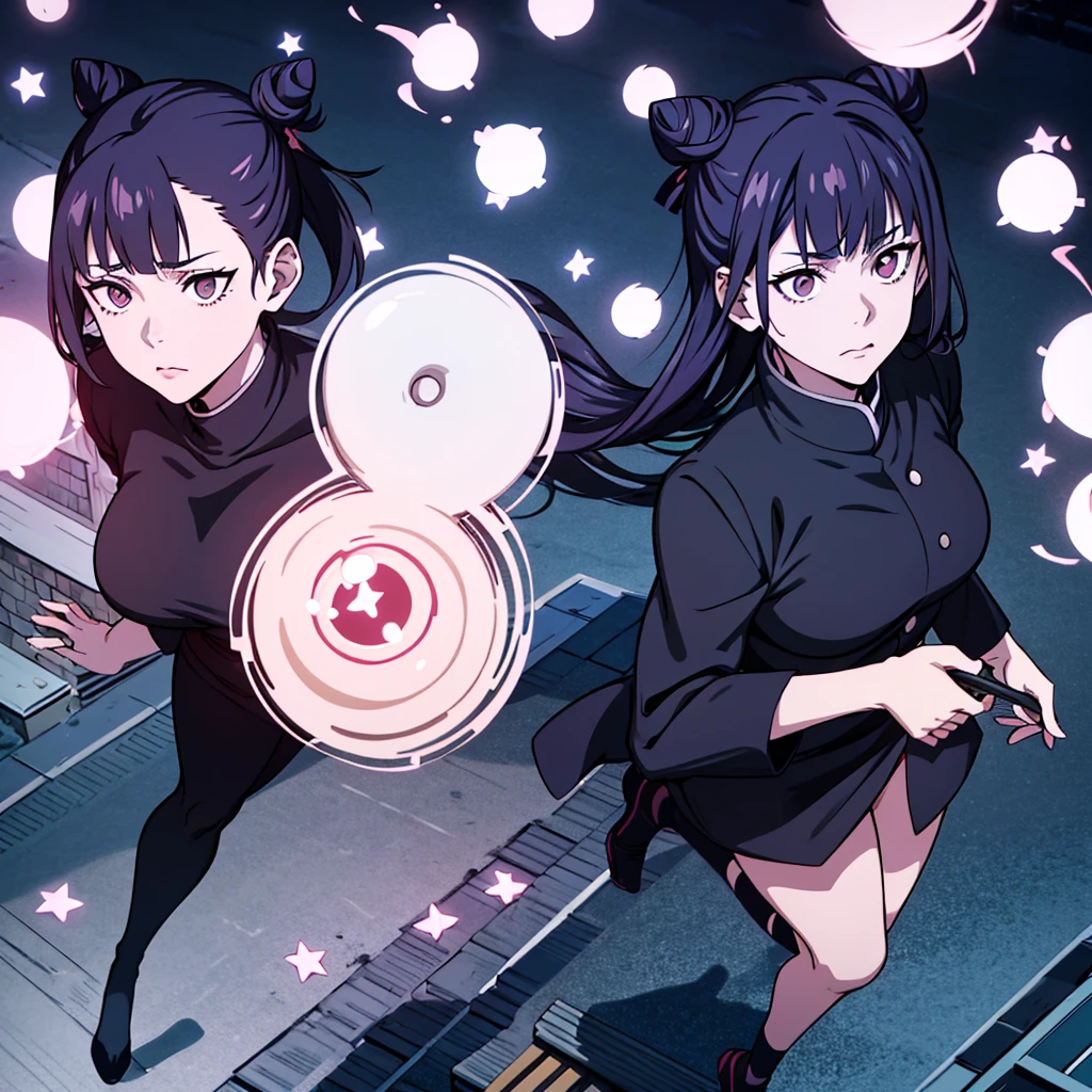 Jujutsu Kaisen panel: A white girl, white eyes without pupils, thin almond-shaped eyes, long black hair, bardot bangs, high bun, dark blue Jujutsu Kaisen uniform, pink lower lip, on top of a building, holding deadly fans, at night, few stars