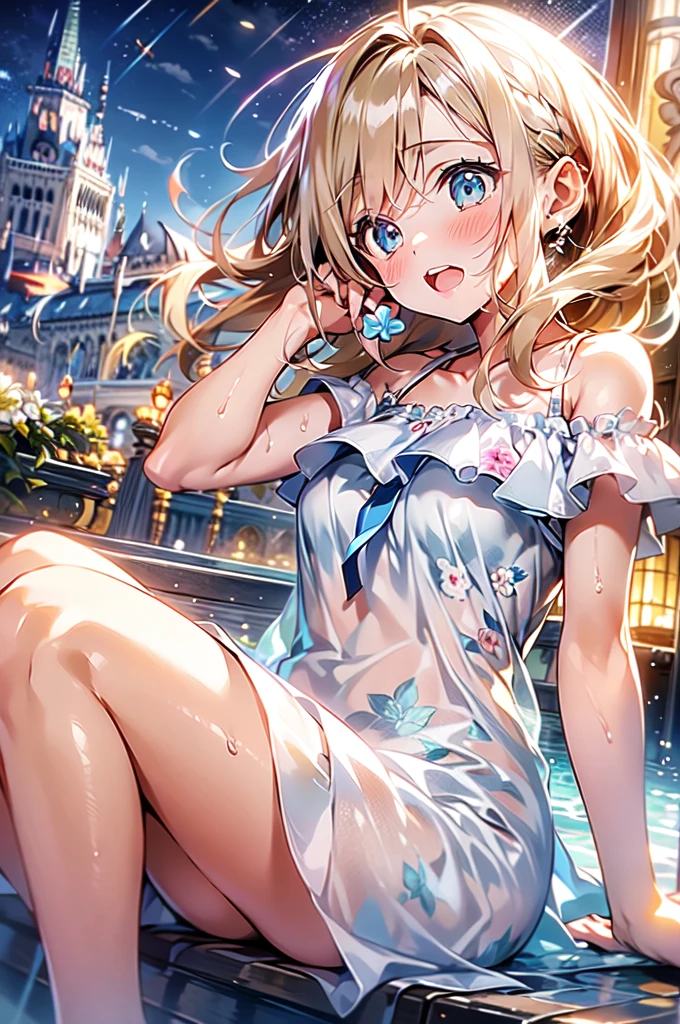 (8k, Highest quality, masterpiece:1.2, Browsing Caution),cute,cute女の子,mesugaki, Beautiful Face,Beautiful Eyes,Beautiful Hair,Blonde, See-through night dress, Orgasm Expression,Toe cramps,Genital spasms,Upper eyelid adduction,Open your mouth wide and scream,Wet Skin,Lots of flowers,