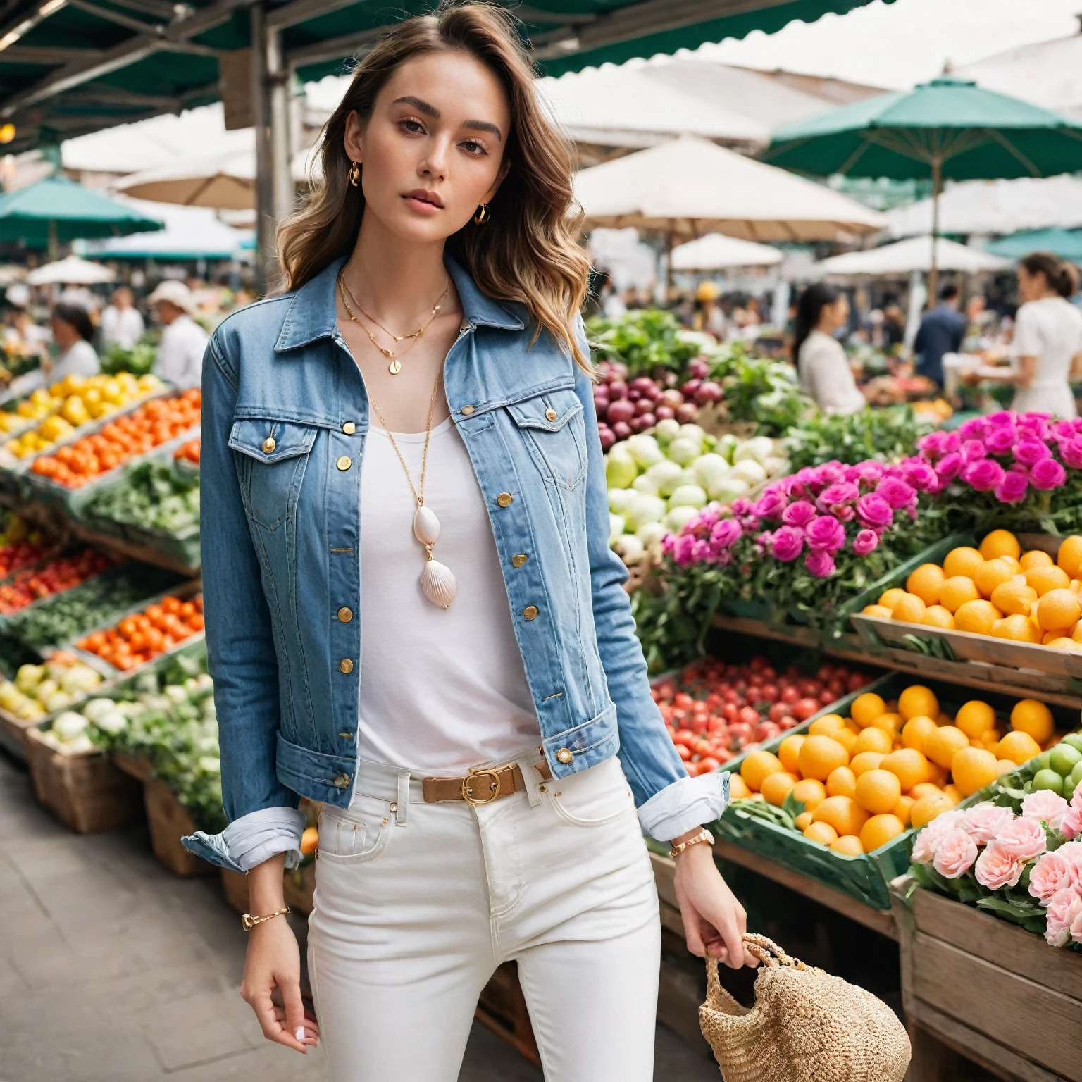 A high-resolution, cinematic photo of a woman wearing a casual chic outfit. She has on a pair of high-waisted skinny jeans in a light wash with a slight amount of stretch. On top, she wears a cropped chambray jacket with a classic collar, button closures, and rolled cuffs revealing a hint of a white tee with navy stripes underneath. Both the jacket and tee cuffs are rolled again, showcasing a contrasting fabric like pale pink peeking out. The woman stands confidently against a backdrop of a vibrant farmers market bustling with colorful flowers and fresh produce. Sunlight filters through the stalls, casting dappled light on her outfit and creating a warm summer atmosphere. A delicate gold necklace with a small seashell pendant adorns her neck, and a white leather crossbody bag hangs casually over her shoulder. White sneakers complete the look, adding a touch of sporty chic.