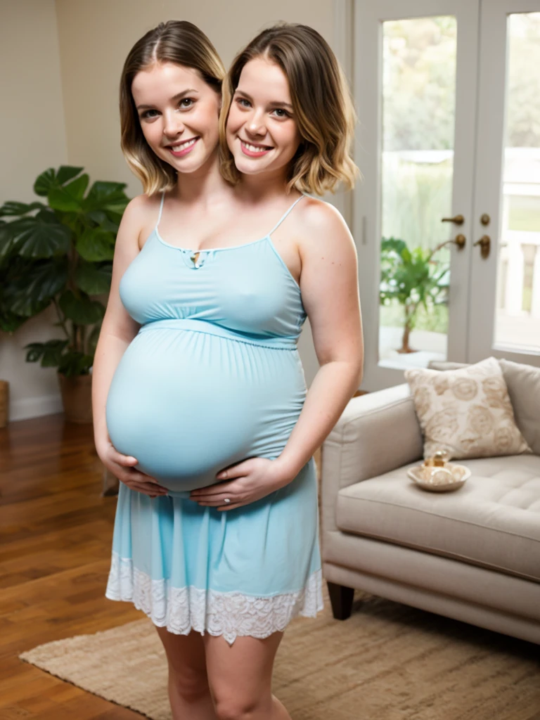 (conjoined_dicephalus), (2heads), 26-year-old white girl with two heads, short blonde bob, blue eyes, wearing a white sundress, standing in a living room, pregnant, smiling