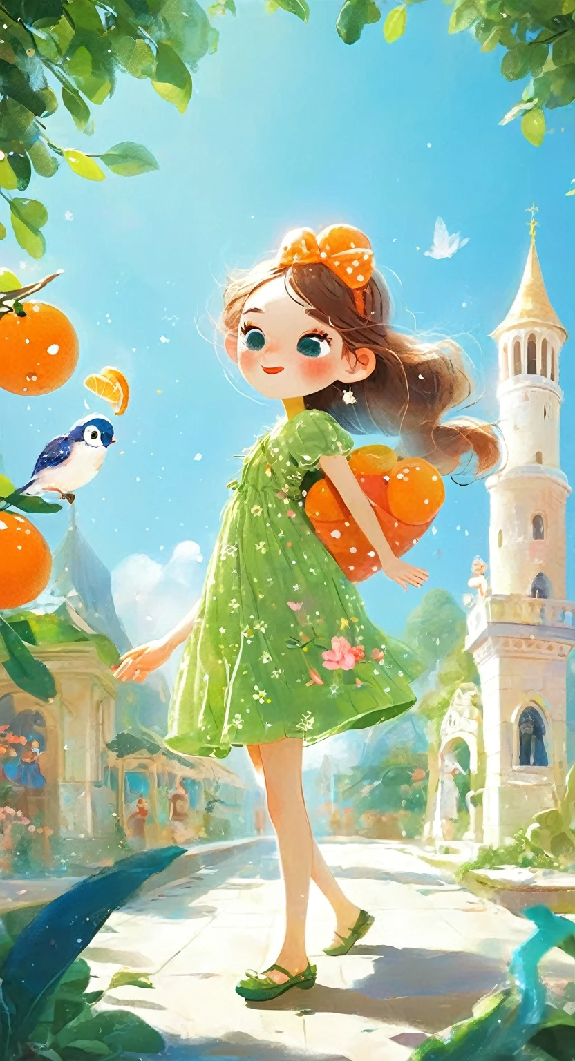 a masterpiece, Location information, In the style of 2D game art, girl featured, Dmitry Vishnevsky, orange and emerald, cute and dreamy, editorial illustrations, zeiss batis 18mm f/2.8