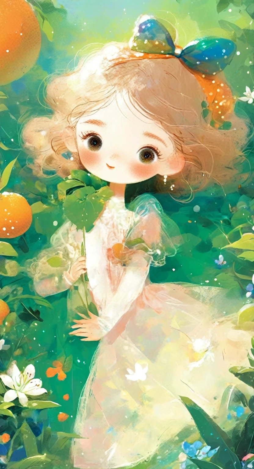 a masterpiece, Location information, In the style of 2D game art, girl featured, Dmitry Vishnevsky, orange and emerald, cute and dreamy, editorial illustrations, zeiss batis 18mm f/2.8