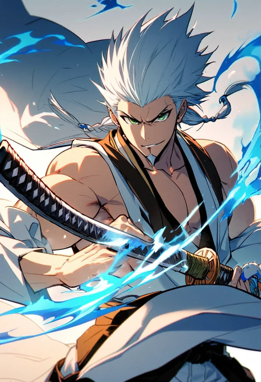 1 young boy, details Intricate, 1 men, bonitas, spiky white hair, vibrant green eyes, slim muscles, アニメ, 19yearsold, 19 years, a small goatee, kimono de Shinigami, Shinigami, bleach, Tank top, kimono, bleach, katana ( uma katana afiada e longa coberta por Blue flames) , blue flames, Blue flames, katana longa, powerful katana (attacking enemies with your katana making cuts with your flames, Breath of the Sun).