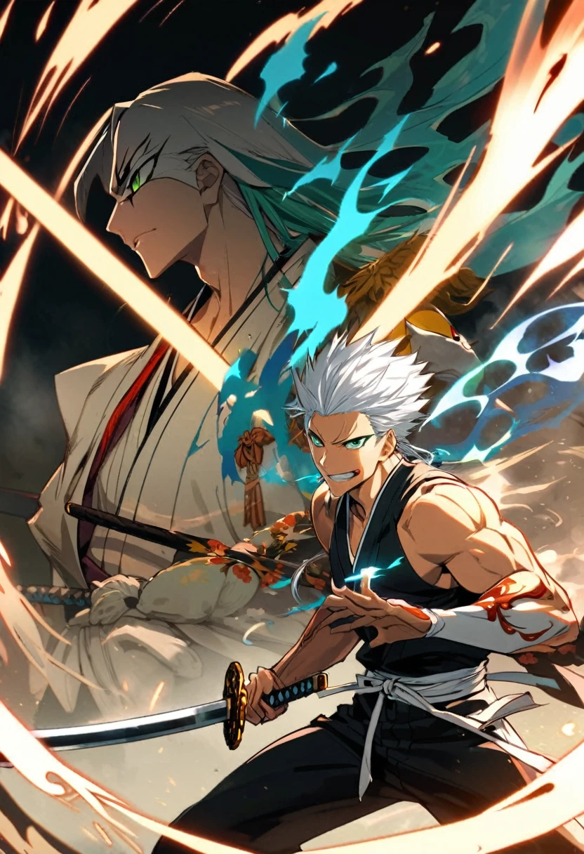 ung boy, details Intricate, 1 men, bonitas, spiky white hair, vibrant green eyes, slim muscles, アニメ, 19yearsold, 19 years, a small goatee, kimono de Shinigami, Shinigami, bleach, Tank top, kimono, bleach, katana ( uma katana afiada e longa coberta por Blue flames) , blue flames, Blue flames, katana longa, powerful katana (attacking enemies with your katana making cuts with your flames, Breath of the Sun).