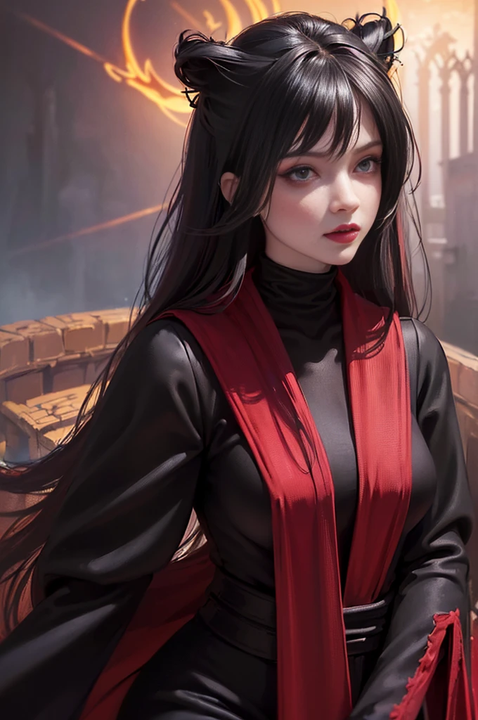 (skindentation:1.5), Realistic, Photorealistic, (masterpiece:1.5), concept art, intricate details, highly detailed, photorealistic, octane render, 8k, unreal engine, dynamic pose, best quality, highres, (realistic face:1.1), (hyperrealistic:1.1), (((full_body))), perfect eyes,(shiny skin:1.2), (((hairstyle))), (((perfect handtremely detailed background), ((dynamic background)), ((1girl)), (((wearing black jumpsuit, dark red long wizard cape))), ((detailed eyes, high quality eyes, high quality face)), (extremely intricate cape), dark red long hair, dramatic, depth of field, bokeh, 4k, (((underworld))), ((floating in the air)), (((black magic witch))), (((fierce eyes)))