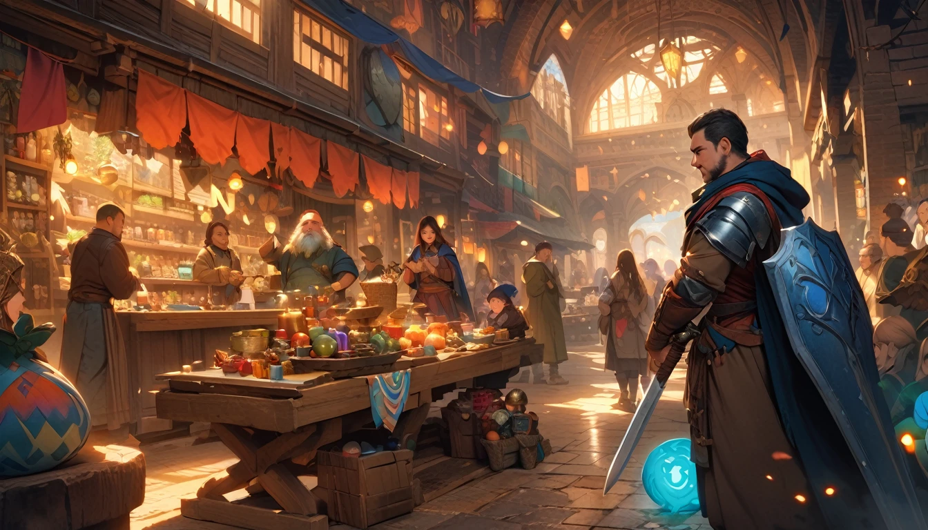 (masterpiece:1.4), (Highest quality:1.4), Very detailed, Complex, Very detailed, shape,Soft lighting, A bustling market in a magical city, Talk to the salesperson, View the magic items,Hopeful Face, smile, More than one person, Mixed gender, a group of adventurers, character from RPG games, (character: human, Fairy, Fairy, Dwarf, The Hobbit), (exterior: Swordsman Style, Shaman Style, Monk Style, Magician style), (belongings: Long sword, dagger, Holy Staff, Magic wand, shield, metal armor, Leather Armor), Perfectly accurate anatomical shape、All limbs intact、Perfect full finger, Colorful characters, A place to buy and sell mystical artifacts, Inside the store,Huge, Majestic, Uplifting expressions, Everyone's expressions are amazing.