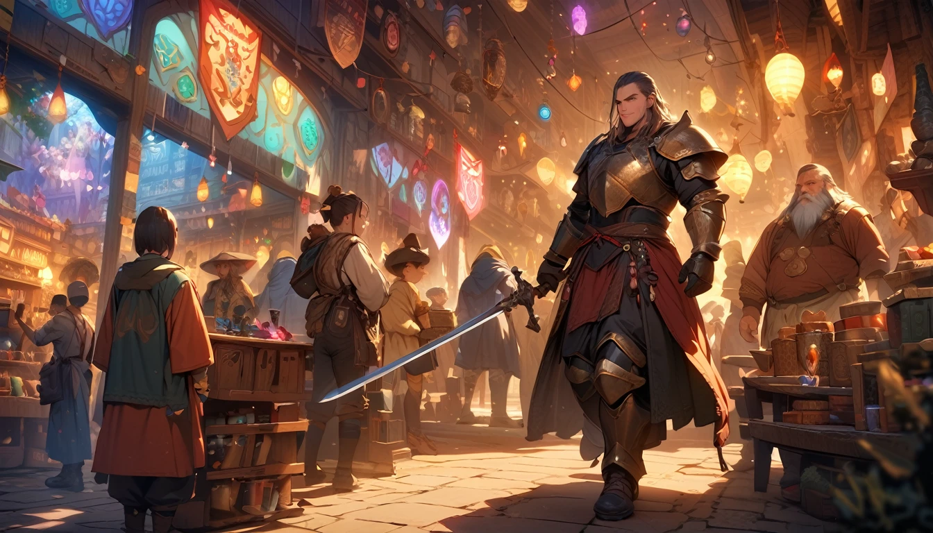 (masterpiece:1.4), (Highest quality:1.4), Very detailed, Complex, Very detailed, shape,Soft lighting, A bustling market in a magical city, Talk to the salesperson, View the magic items,Hopeful Face, smile, More than one person, Mixed gender, a group of adventurers, character from RPG games, (character: human, Fairy, Fairy, Dwarf, The Hobbit), (exterior: Swordsman Style, Shaman Style, Monk Style, Magician style), (belongings: Long sword, dagger, Holy Staff, Magic wand, shield, metal armor, Leather Armor), Perfectly accurate anatomical shape、All limbs intact、Perfect full finger, Colorful characters, A place to buy and sell mystical artifacts, Inside the store,Huge, Majestic, Uplifting expressions, Everyone's expressions are amazing.