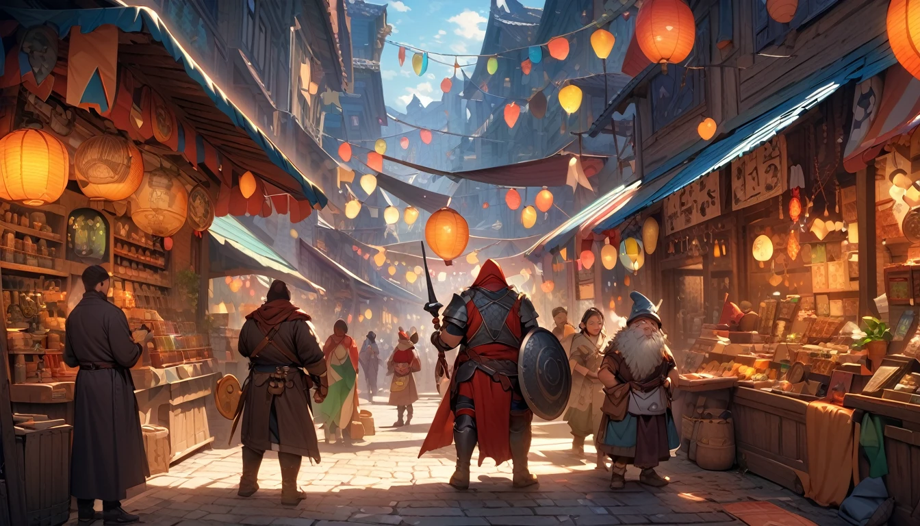 (masterpiece:1.4), (Highest quality:1.4), Very detailed, Complex, Very detailed, shape,Soft lighting, A bustling market in a magical city, Talk to the salesperson, View the magic items，Hopeful Face, smile, More than one person, Mixed gender, a group of adventurers, character from RPG games, (character: human, Fairy, Fairy, Dwarf, The Hobbit), (exterior: Swordsman Style, Shaman Style, Monk Style, Magician style), (belongings: Long sword, dagger, Holy Staff, Magic wand, shield, metal armor, Leather Armor), Perfectly accurate anatomical shape、All limbs intact、Perfect full finger, Colorful characters, A place to buy and sell mystical artifacts, Inside the store，Huge, Majestic, Uplifting expressions, Everyone&#39;s expressions are amazing.