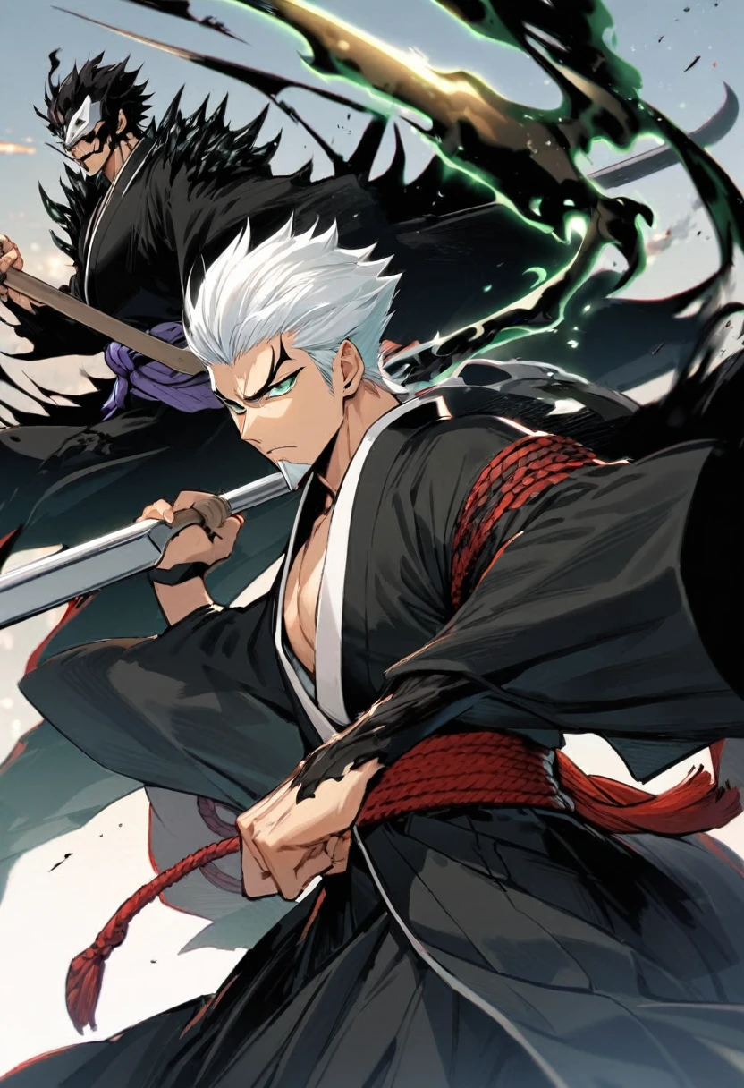 1 young boy, male focus, details Intricate, 1 men, bonitas, White hair, vibrant green eyes, slim muscles, アニメ, 19yearsold, 19 years, a small goatee, kimono de Shinigami, Shinigami, bleach style, bleach, regatta, kimono, bleach, bleach style, sickle ( uma sickle de tamanho mediano poderosa e afiada), sickle (fazendo cortes com a sickle saindo chamas pretas) chamapretass,Black flames, (o personagem esta em pé fazendo ataques com sua sickle mediana, using black fire attacks) .