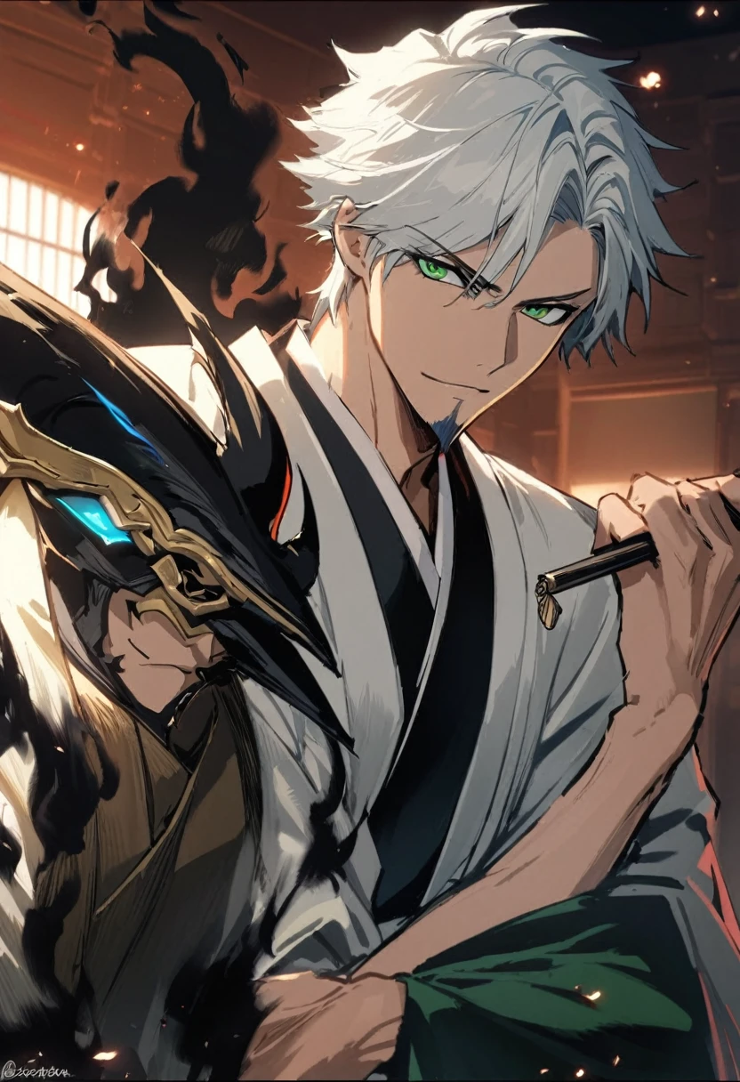 1 young boy, male focus, details Intricate, 1 men, bonitas, White hair, vibrant green eyes, slim muscles, アニメ, 19yearsold, 19 years, a small goatee, kimono de Shinigami, Shinigami, bleach style, bleach, regatta, kimono, bleach, bleach style, sickle ( uma sickle de tamanho mediano poderosa e afiada), sickle (fazendo cortes com a sickle saindo chamas pretas) chamapretass,Black flames, (o personagem esta em pé fazendo ataques com sua sickle mediana, using black fire attacks) .