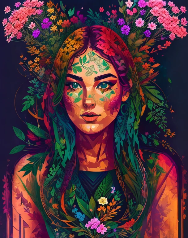 Stylized, abstract portrait of a woman with intricate, swirling patterns in various shades of red, green, and beige. The layout is a close-up of her face and upper torso, with her dark, wavy hair flowing around her shoulders. Her facial features are detailed with prominent eyes, a straight nose, and full lips. The background and foreground are adorned with large, vibrant red flowers and green leaves, adding a natural element to the composition. The woman's attire features a floral pattern, complementing the botanical theme. The overall style is reminiscent of modern, psychedelic art with a focus on bold lines and vivid colors.