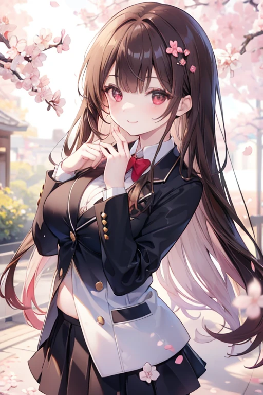 young girl, brown hair, red eyes,beautiful and detailed eyes, big breasts, long hair, happy smile, black shirt,white blazer, black mini skirt, (cherry blossom garden )