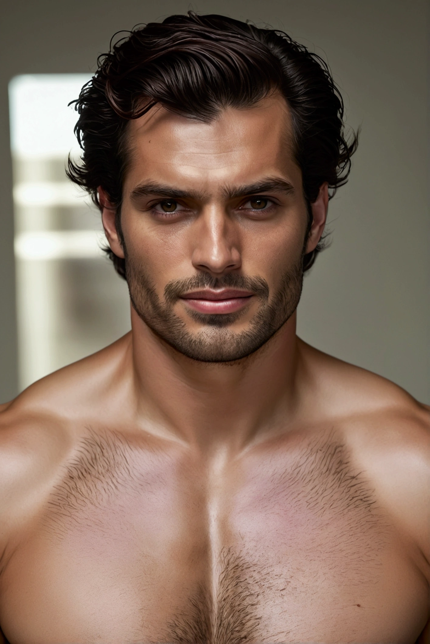 A stunning, high-resolution portrait of a charismatic 32-year-old man exhibiting the chiseled features of Henry Cavill, with a captivating smile, penetrating gaze, and greenish brown eyes, framed by a well-groomed brown quiff and trimmed beard. The man exudes an air of self-assuredness and goodness, symbolizing his millionaire status, captured in a masterful and detailed Realistic style reminiscent of Imogen Cunningham and Sølve Sundsbø.