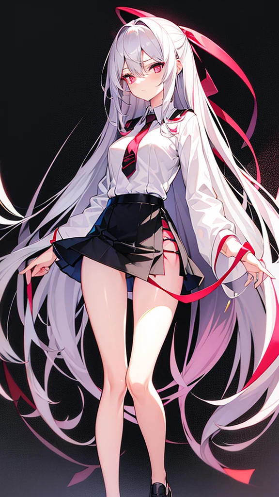 Long silver hair, reddish pink eyes, medium breasts, slim body, cool, black mini quilted skirt, ribbon tie