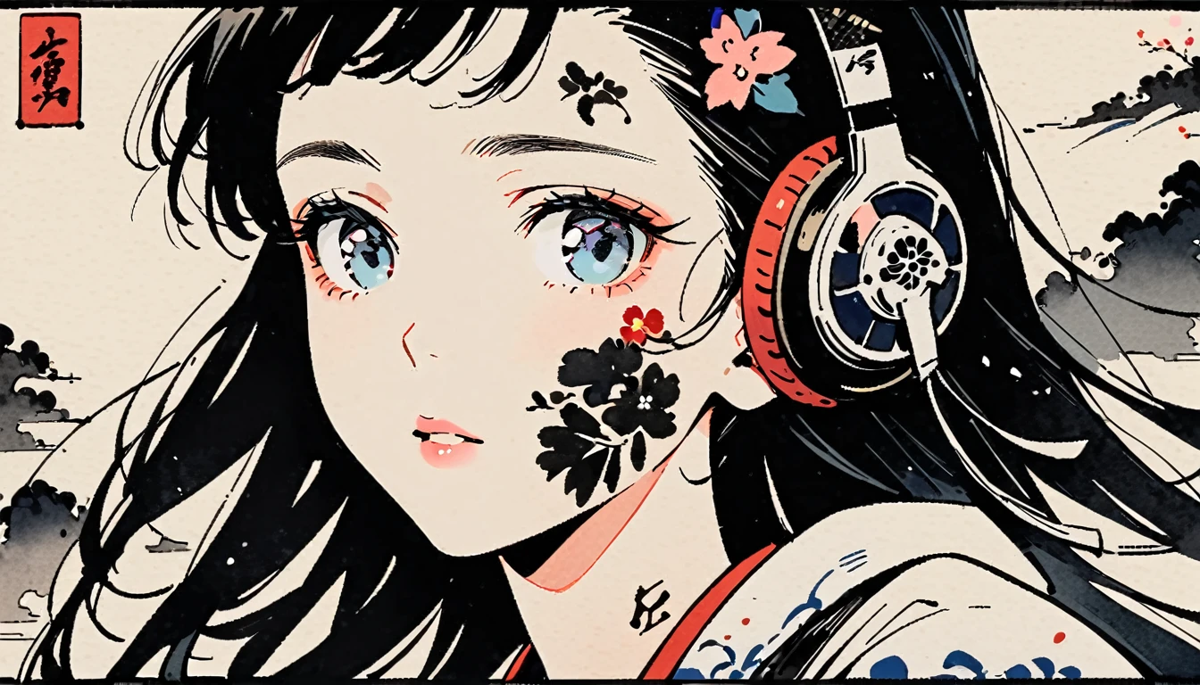 Ink Painting, (((1 girl))), (((Tattoo on face))), (((Gorgeous hair accessories))), Japanese style headphones, face close-up, Japanese beautiful girl, Black Hair, Delicate and precise, Modern ukiyo-e style