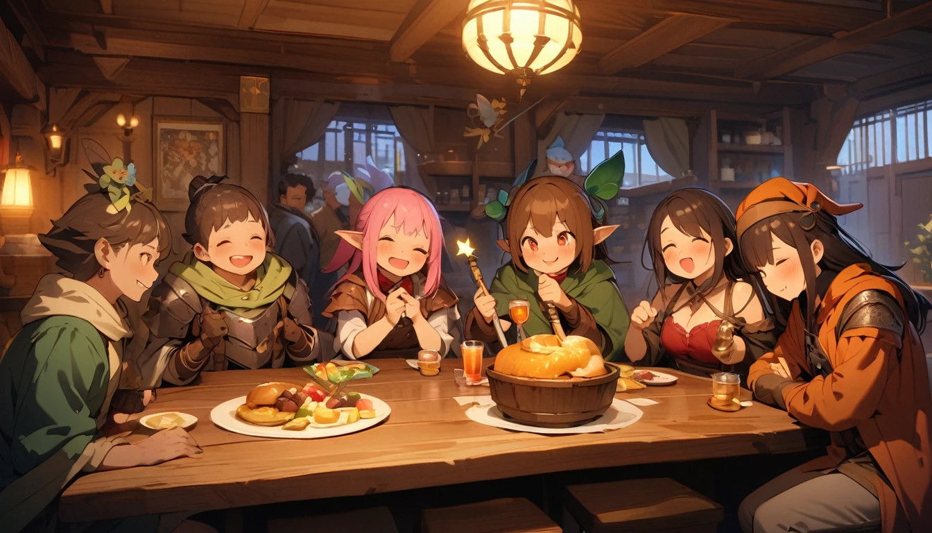 (masterpiece:1.4), (Highest quality:1.4), Very detailed, Complex, Very detailed, shape,Soft lighting, Tavern, More than one personで語り合う, Hopeful Face, smile, More than one person, Mixed gender, a group of adventurers, character from RPG games, (character: human, Fairy, Fairy, Dwarf, The Hobbit), (exterior: Swordsman Style, Shaman Style, Monk Style, Magician style), (belongings: Long sword, dagger, Holy Staff, Magic wand, shield, metal armor, Leather Armor), Perfectly accurate anatomical shape、All limbs intact、Perfect full finger, Colorful characters, Drinking alcohol and getting drunk, Make friends with people in the city，Huge, Majestic, Uplifting expressions, みんなのsmileが素晴らしい.