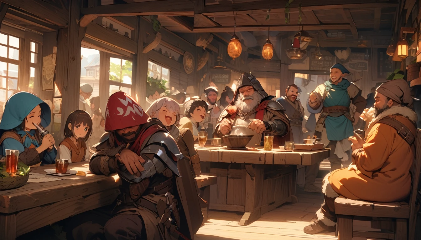 (masterpiece:1.4), (Highest quality:1.4), Very detailed, Complex, Very detailed, shape,Soft lighting, Tavern, More than one personで語り合う, Hopeful Face, smile, More than one person, Mixed gender, a group of adventurers, character from RPG games, (character: human, Fairy, Fairy, Dwarf, The Hobbit), (exterior: Swordsman Style, Shaman Style, Monk Style, Magician style), (belongings: Long sword, dagger, Holy Staff, Magic wand, shield, metal armor, Leather Armor), Perfectly accurate anatomical shape、All limbs intact、Perfect full finger, Colorful characters, Drinking alcohol and getting drunk, Make friends with people in the city,Huge, Majestic, Uplifting expressions, みんなのsmileが素晴らしい.