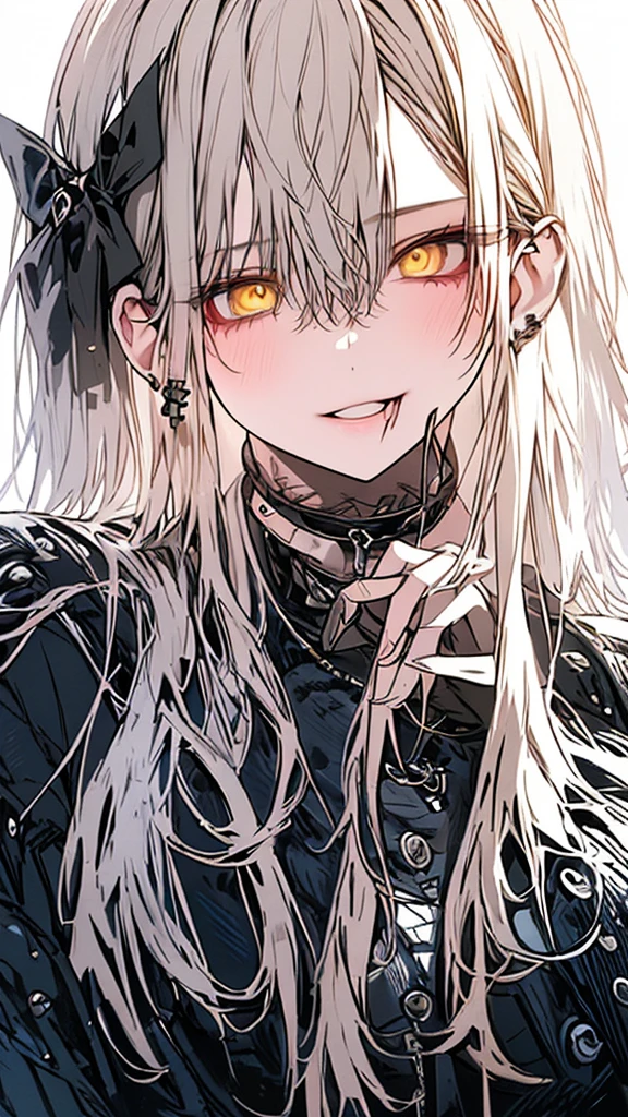 (Top resolution、Distinct_image)top-quality、A girl、masterpiece、highly detailed, half body, Semi-realistic、yellow eyes 、18year old, silver hairs ,young 、Exquisite facial features、Facial features ,variation potrait, long hairstyles, , teenage, cool , cold sharp eyes, An expression of despair., Torn clothes, destroyed clothes, damaged clothing, all dirty, dirty, dirt, lifeless eyes, blood on face, , {Very detailed 8k CG unit wallpaper}, Handsome, solo, female, mafia, black shirt, white pant, white coat,