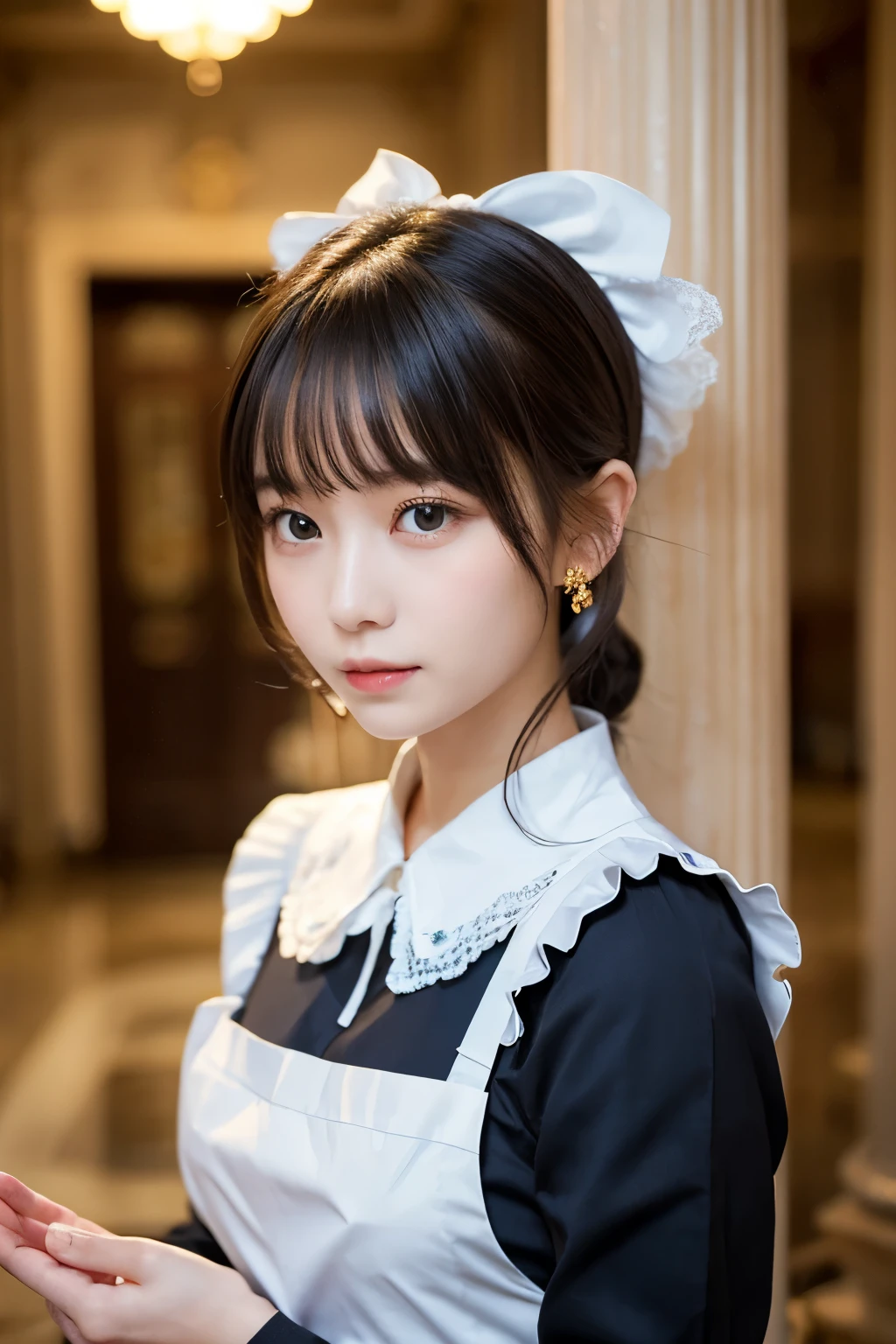 Detailed image of a young female character standing in a grand hall lined with marble columns。She has short, wavy blue hair、Has side fringe、Adorned with a white frilly headband and blue ribbon。Big blue eyes are kind、He has a slightly sad expression、There is a slight redness on the cheeks。She is wearing a classic maid outfit.、In a black puff sleeve dress、White apron with lace trim、And a blue ribbon on the neckline.。The apron has gold teardrop decorations.、It is secured by a thin gold chain。She is holding the skirt of her dress with one hand、It is lifted a little、Her other hand is delicately placed to touch the ribbon on her chest.。In the background there is a blurred white decorative building.、The soft, indirect lighting creates a calm and elegant atmosphere.。