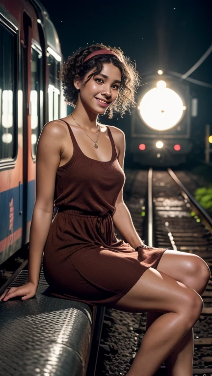 Masterpiece, 20 year old woman, full body, he highest quality, big pink eyes,proportionate lips, smiling , Colorful cinematic lighting, brown Cashmere Dress bare shoulders, with overflow [green|rose] Short curly hair, (wearing headband), (Perfect face:1.1), sitting Train tracks, at night, moon, moonlight, romantic, HDR, Very detailed, 8k, Hyper realistic, shot at eye level, Cinestill 800