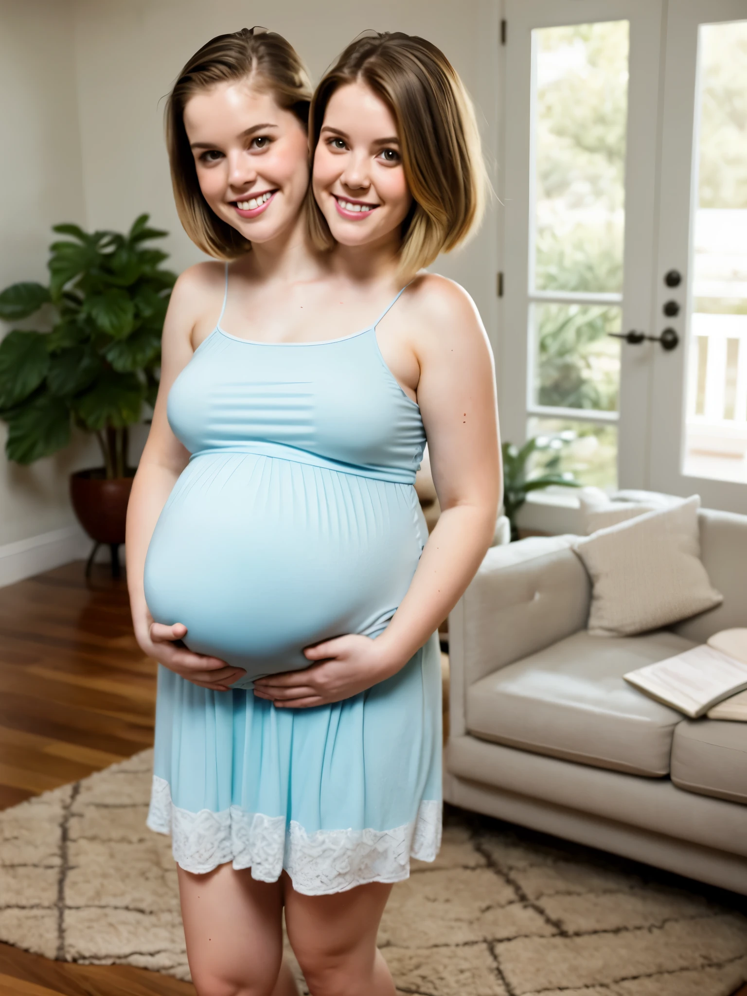 (conjoined_dicephalus), (2heads), 26-year-old white girl with two heads, short blonde bob, blue eyes, wearing a white sundress, standing in a living room, pregnant, smiling
