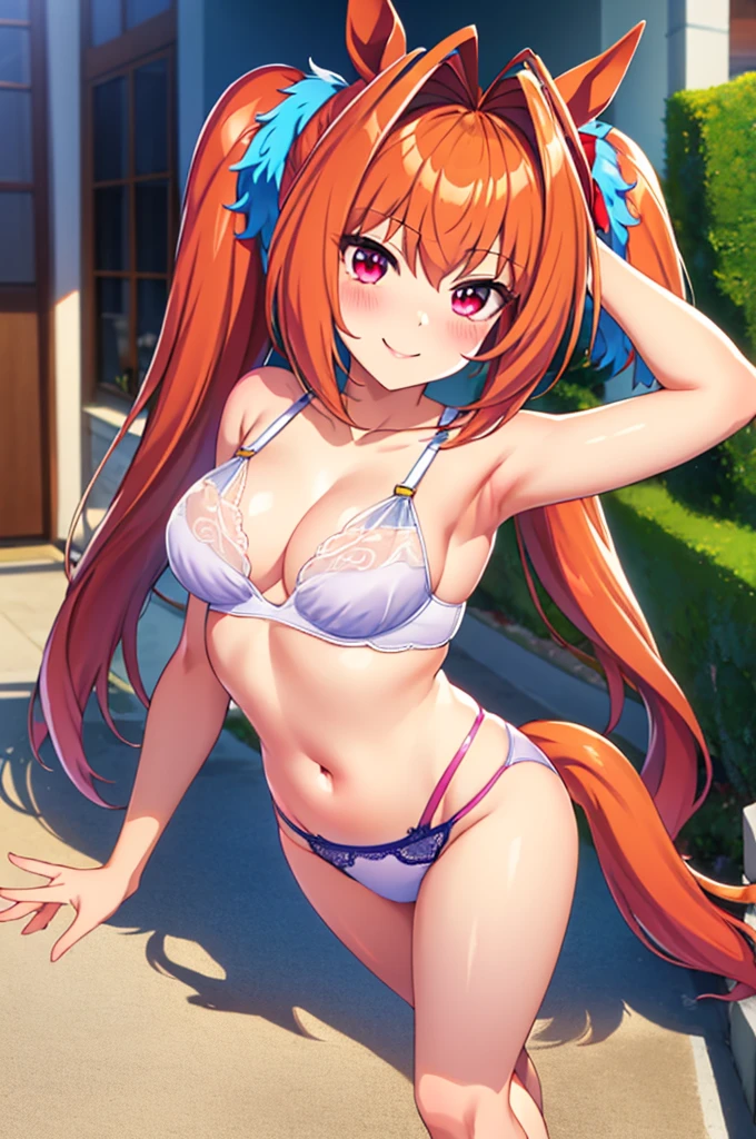 Daiwa Scarlet\(umamusume\), Highly detailed face, masterpiece, Highest quality, A light smile, blush, wave hands, ((Highly detailed face)), whole body, (((In underwearで))),Horse tail, A light smile, Beautiful and clear eyes, (panties), (bra), (In underwear), (Flashy underwear), (lingerie),