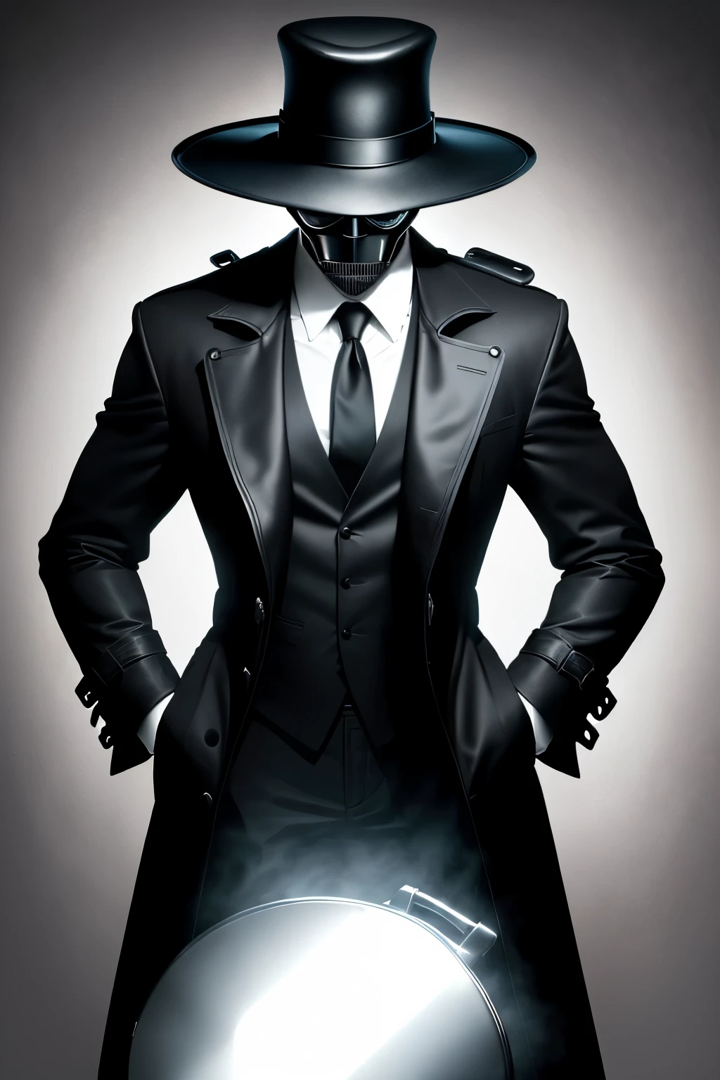 Secret Agent Pan-headed Monster: This intriguing black and white image showcases a unique protagonist, a secret agent whose head has been ingeniously replaced by a frying pan. The agent, with his tall hat and trench coat, exudes an air of mystery and stealth. The frying pan head, with its shiny surface and handle, gives an unusual yet humorous twist to the character, adding a touch of absurdity to the otherwise serious image of a secret agent. The background is shrouded in shadows, only highlighting the agent's figure and the frying pan, creating a sense of intrigue and suspense.