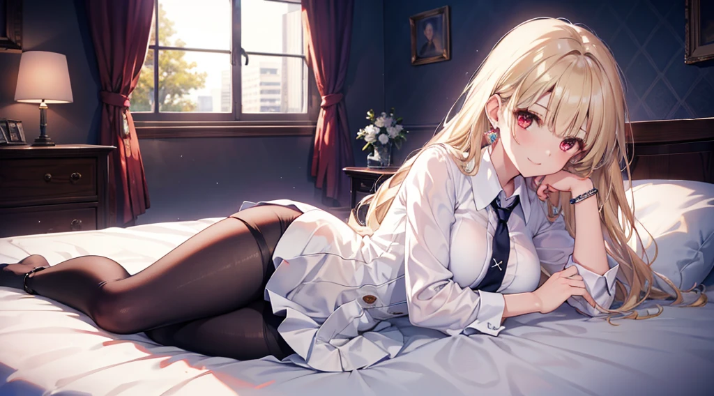 Highest quality, masterpiece, figure, wallpaper,One girl,White shirt, Light Hair, Beautiful detailed girl, Highly detailed eyes and face, Beautiful attention to detail, Shine,Browsing Caution, View your viewers, bed, night, Black Pantyhose, Straight hair, Red Eyes, long hair,Blonde, thick_Thighs, Large Breasts, Red eyes,Sitting,beautiful finger, clear background, deep night, Lying down、smile、Big earrings、bracelet
