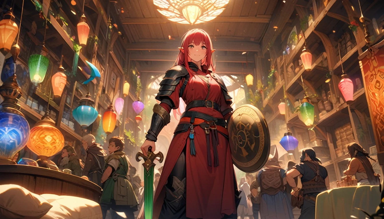 (masterpiece:1.4), (Highest quality:1.4), Very detailed, Complex, Very detailed, shape,Soft lighting, A bustling market in a magical city, More than one personで語り合う, Hopeful Face, smile, More than one person, Mixed gender, a group of adventurers, character from RPG games, (character: human, Fairy, Fairy, Dwarf, The Hobbit), (exterior: Swordsman Style, Shaman Style, Monk Style, Magician style), (belongings: Long sword, dagger, Holy Staff, Magic wand, shield, metal armor, Leather Armor), Perfectly accurate anatomical shape、All limbs intact、Perfect full finger, Colorful characters, A place to buy and sell mystical artifacts, Inside the store，Huge, Majestic, Uplifting expressions, Everyone&#39;s expressions are amazing.