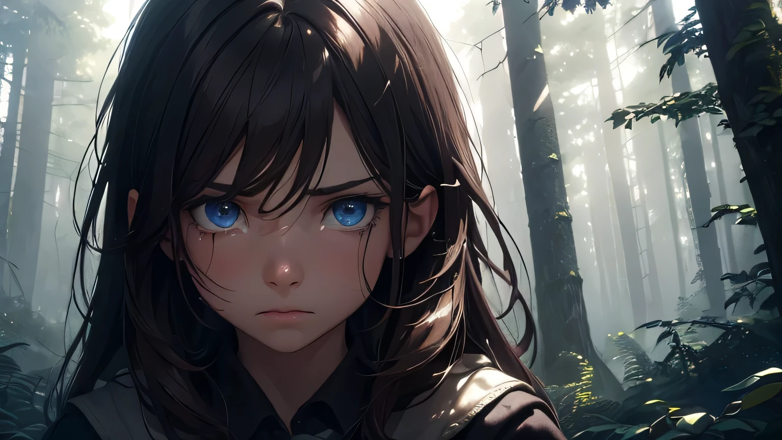 7 year old girl, dark brown hair, blue eyes, scared expression, CRYING poor brown clothes, lost in a dark forest, AT NIGHT dense foliage, moonlight, shadows, fog, (best quality, 4k, 8k, high resolution, masterpiece: 1.2), ultra-detailed, (realistic, photorealistic, photorealistic: 1.37), highly detailed face, hyperrealistic, dramatic lighting, moody atmosphere, cinematic composition, muted color palette, chiaroscuro lighting