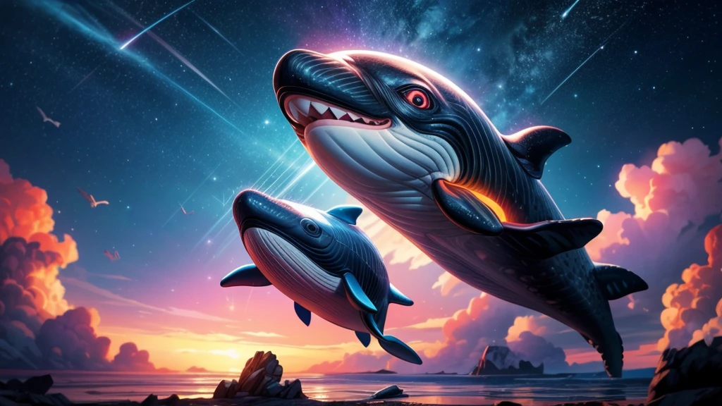 a whale flying through space, girl riding on whale's back, dramatic cinematic lighting, vibrant colors, masterpiece, 8k, photorealistic, digital painting, ultra-detailed, sharp focus, physically-based rendering, vivid colors, professional