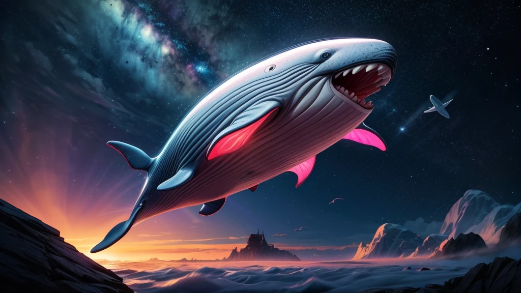 a whale flying through space, girl riding on whale's back, dramatic cinematic lighting, vibrant colors, masterpiece, 8k, photorealistic, digital painting, ultra-detailed, sharp focus, physically-based rendering, vivid colors, professional