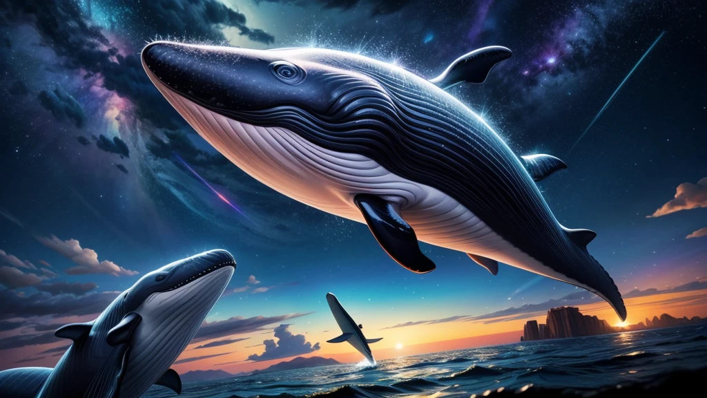 a whale flying through space, girl riding on whale's back, dramatic cinematic lighting, vibrant colors, masterpiece, 8k, photorealistic, digital painting, ultra-detailed, sharp focus, physically-based rendering, vivid colors, professional