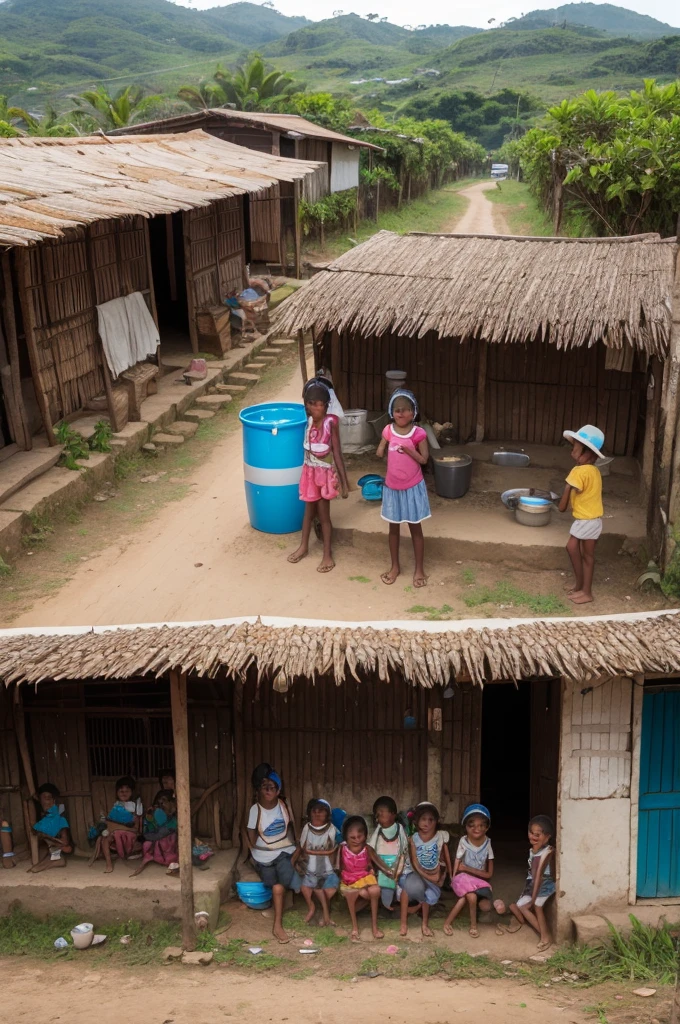 Photo of a rural community with happy children drinking clean water from a newly installed tap. Northeast Brazil