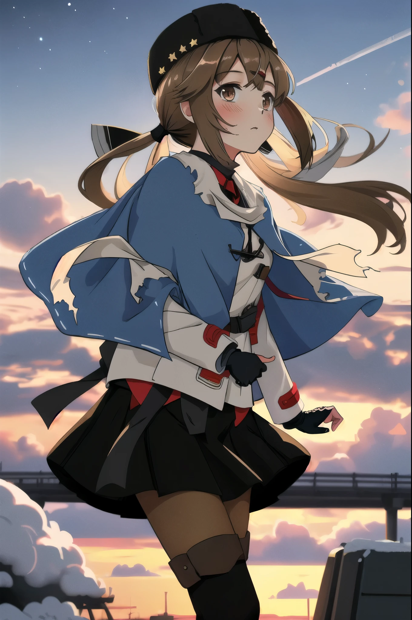 Tashkent \(Kantai Collection\), One girl, alone, skirt, fur Have, Papaka, Twin tails, Have, white Jacket, white scarf, black bow, thigh boots, black skirt, pantyhose, Jacket, scarf, Black Hat, boots, anchor necklace, fingerless gloves, gloves, shawl, red shirt, black gloves,  shirt, Black footwear, blue shawl, Knee socks, bow, star \(symbol\), Hair Clip, torn scarf, black belt, null, jewelry, untucked shirt, belt, necklace, Long sleeve, pleated skirt, Ribbon trim, anchor, blush, cloud, View your viewers, star \(null\), Outdoor, brown pantyhose, gradient null, Cowboy Shot, original, Intricate details, figure, masterpiece, Highly detailed CG Unity 8k wallpaper, highlight, whet, dynamic,