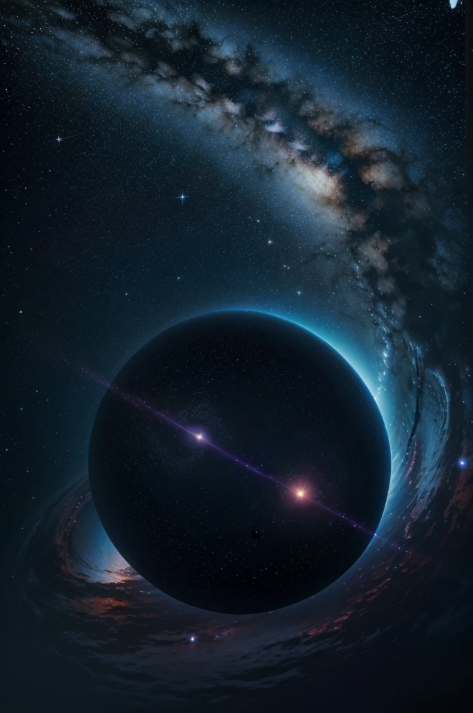 Give me an anime night sky where it is starry and luminous with a star in the sky orbiting next to a black hole