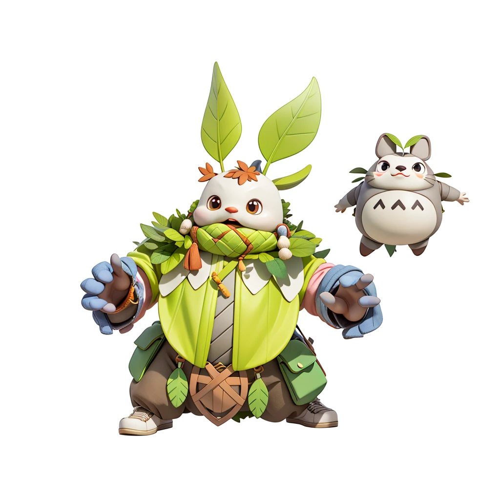 Tribal chieftain，Grass element，Grass game characters，leaf，My Neighbor Totoro，一只My Neighbor Totoro带着一只My Neighbor Totoro宝宝，Isometric,xxxxxxxx cartoon 3d model,Low Poly,3D Art,C4D,octane
rendering, 3D Rendering, Ray traction, Clay Materials, Pixar Trends, Animated Lighting, Depth of Field, Super Detail, Pastel colors, mockup, Clean background, Delicate gloss, Soft focus, oc, Blender, intellectual property, best quality, 8k--s 250--v 5.1
