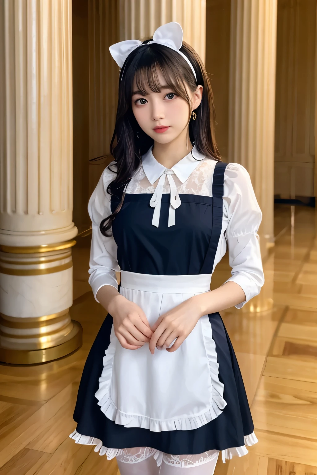 Detailed image of a young female character standing in a grand hall lined with marble columns。She has short, wavy blue hair、Has side fringe、Adorned with a white frilly headband and blue ribbon。Big blue eyes are kind、He has a slightly sad expression、There is a slight redness on the cheeks。She is wearing a classic maid outfit.、In a black puff sleeve dress、White apron with lace trim、And a blue ribbon on the neckline.。The apron has gold teardrop decorations.、It is secured by a thin gold chain。She is holding the skirt of her dress with one hand、It is lifted a little、Her other hand is delicately placed to touch the ribbon on her chest.。In the background there is a blurred white decorative building.、The soft, indirect lighting creates a calm and elegant atmosphere.。