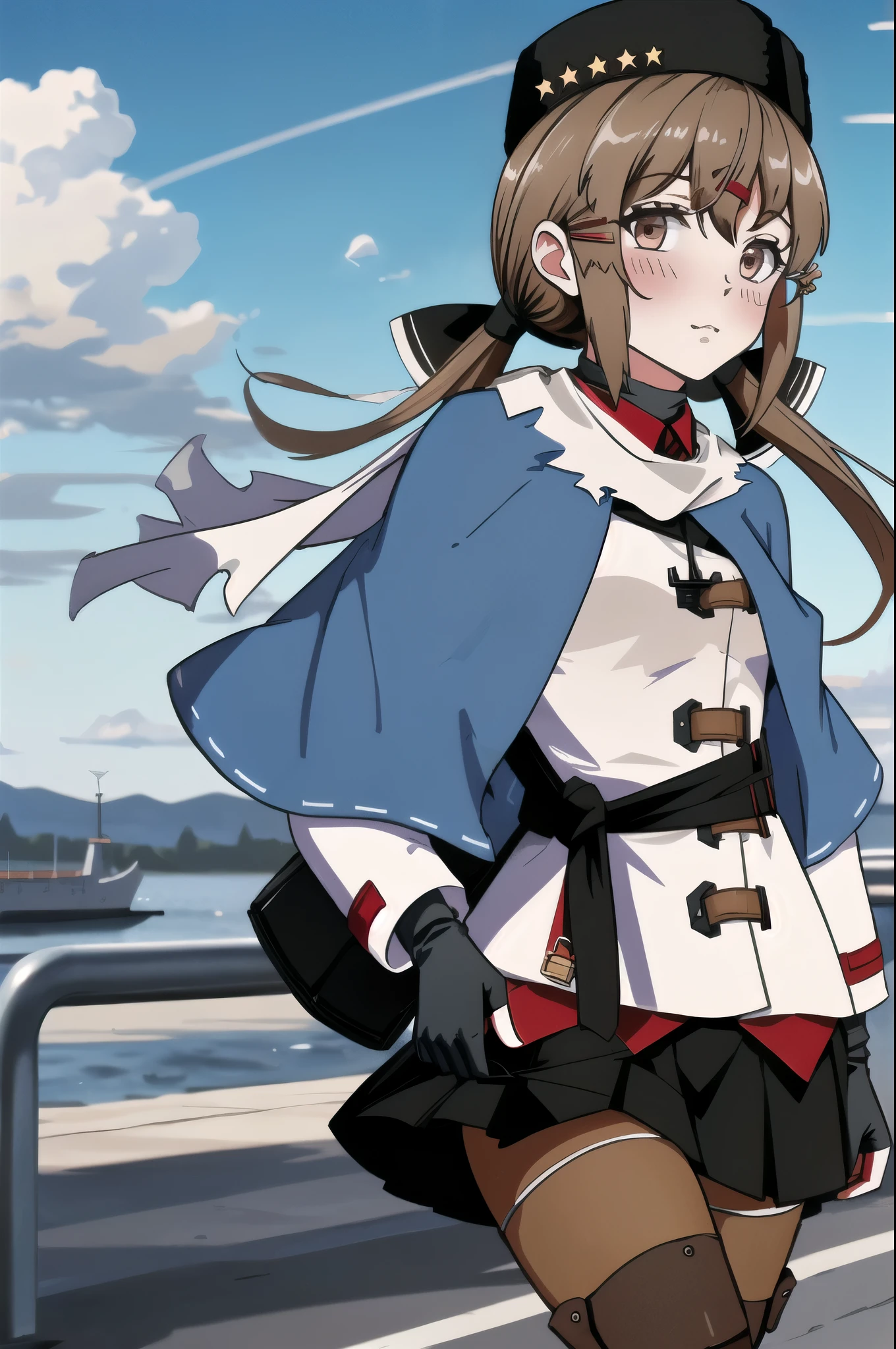 Tashkent \(Kantai Collection\), One girl, alone, skirt, fur Have, Papaka, Twin tails, Have, white Jacket, white scarf, black bow, thigh boots, black skirt, pantyhose, Jacket, scarf, Black Hat, boots, anchor necklace, fingerless gloves, gloves, shawl, red shirt, black gloves,  shirt, Black footwear, blue shawl, Knee socks, bow, star \(symbol\), Hair Clip, torn scarf, black belt, null, jewelry, untucked shirt, belt, necklace, Long sleeve, pleated skirt, Ribbon trim, anchor, blush, cloud, View your viewers, star \(null\), Outdoor, brown pantyhose, gradient null, Cowboy Shot, original, Intricate details, figure, masterpiece, Highly detailed CG Unity 8k wallpaper, highlight, whet, dynamic,